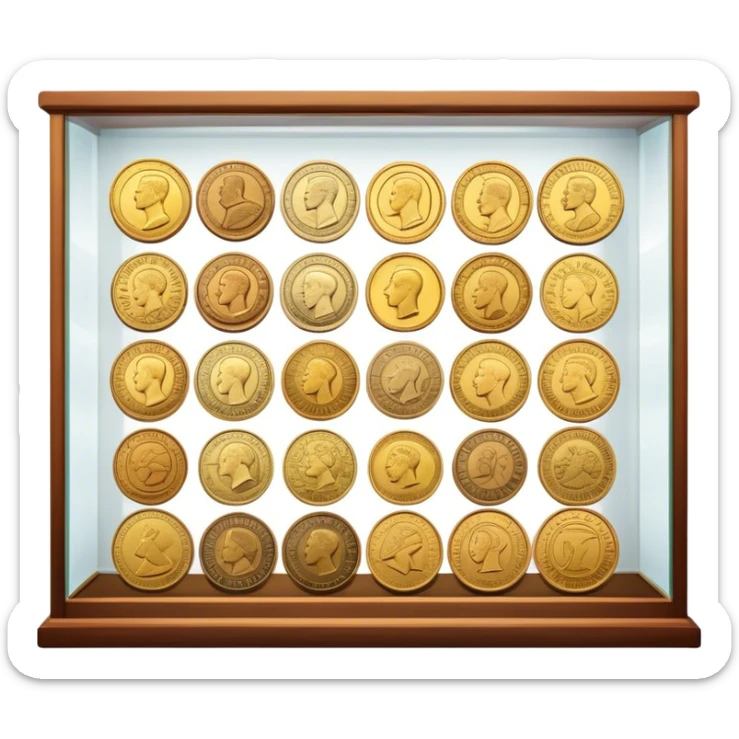 Icon for Coin Collecting: a collection of different vintage and modern coins of various forms and size, neatly arranged in a display case or on a table. The icon should highlight the diversity and historical value of coin collecting. Transparent background. sticker
