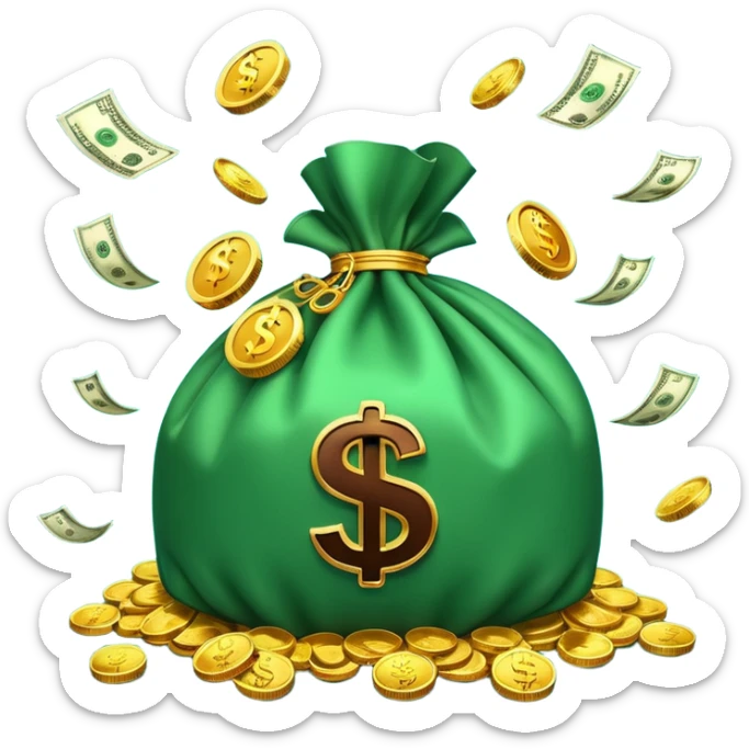 

3D emoji style, big bag of money, flying dollar bills, rich casino vibe, smooth lighting, high detail, clean edges, transparent background



 sticker