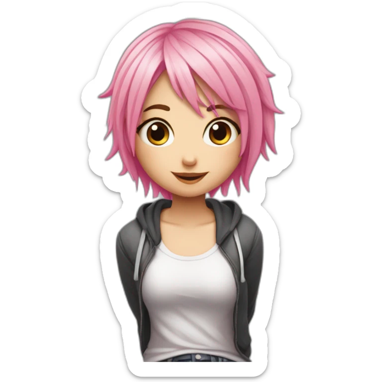 full body Front view curvy emo girl pink hair sits on the floor straight view hands up черная юбка белые трусики рваные полосатые чулки sticker