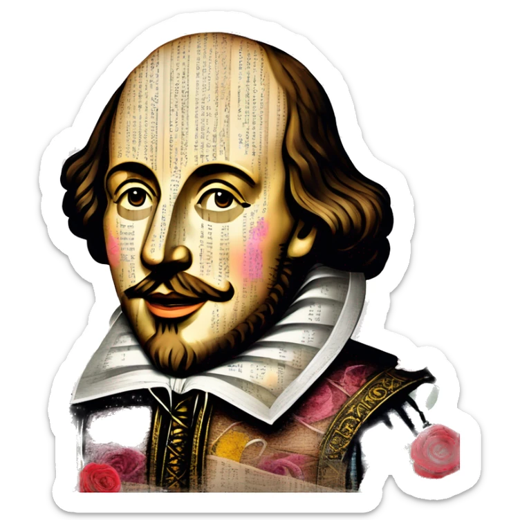 Shakespeare made of newspaper cuttings wearing flowers, stained glass, fairy lights, bokeh, annotated sketch, handwritten letters, collage of intricate patterns, roses flowers sticker