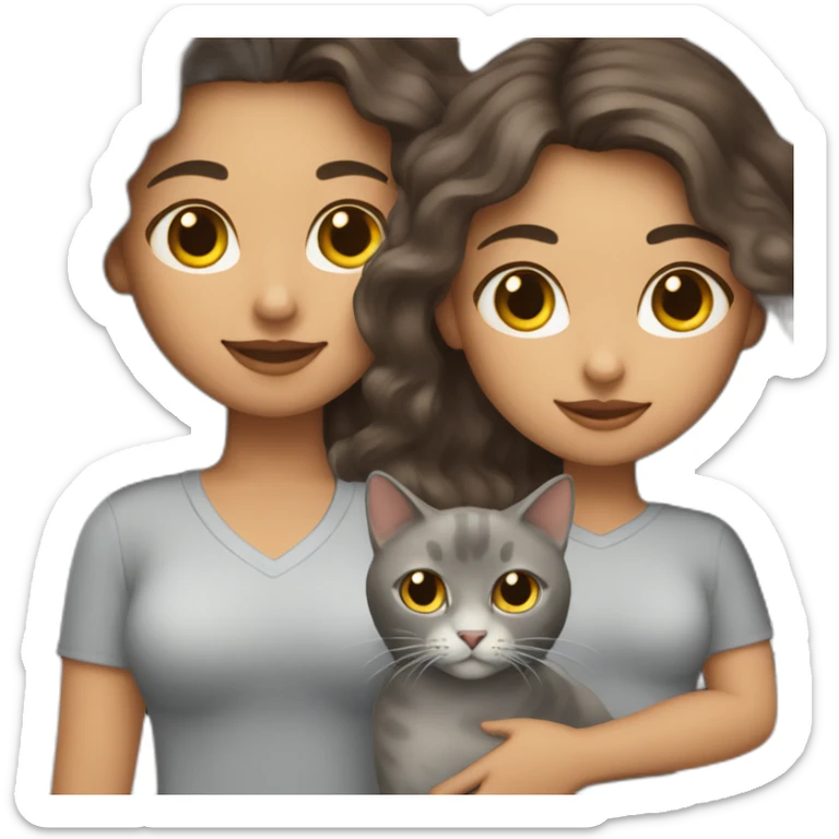 A wite skin woman with long wavy dark brown hair holding a grey cat sticker