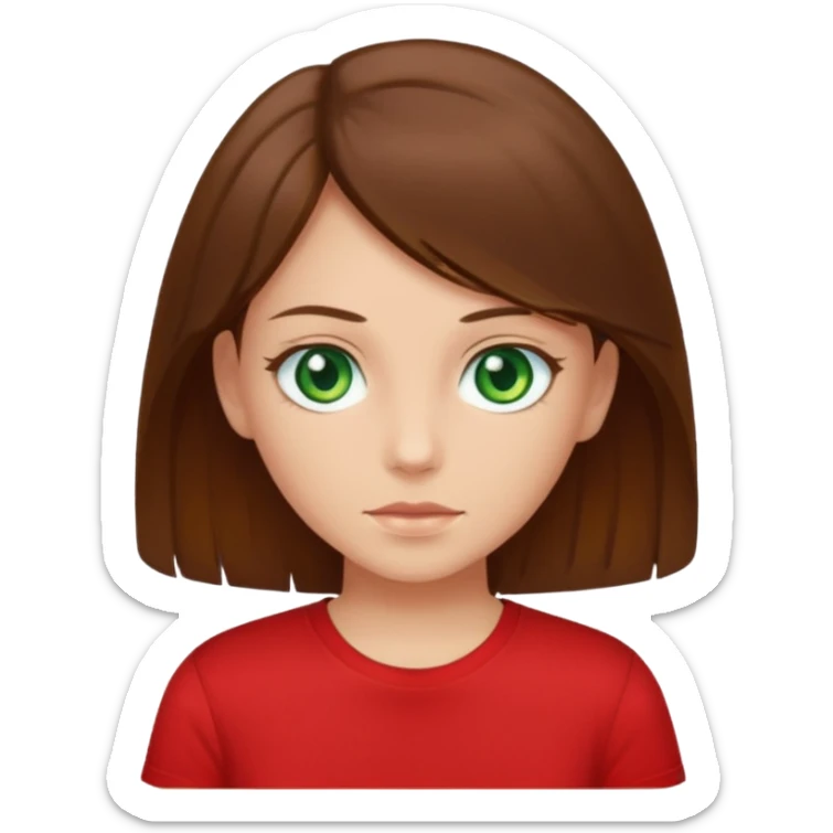 a girl with brown strait hair and has green eyes has a red t-shirt  sticker