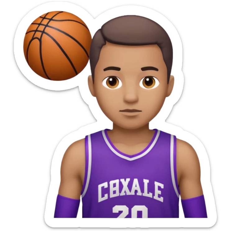 ["Medium skin tone male, short hair, wearing a purple basketball jersey."] sticker