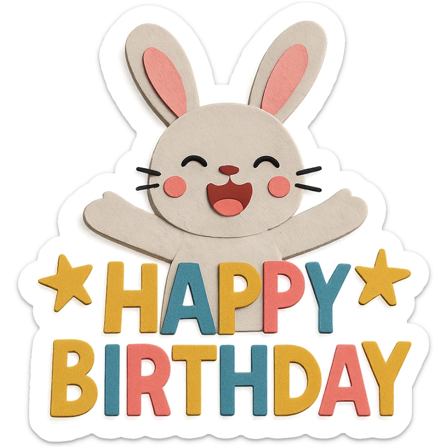 laughing bunny hugging "Happy Birthday" letters with stars, paper craft style, textured paper, layered sticker