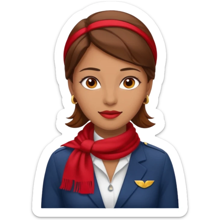 Female flight attendant, with red scarf, white shirt, brown hair, brown eyes, iOS emoji-type face sticker