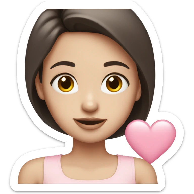 Brunette girl, white skin, holding a pale pink heart  sticker