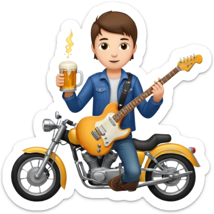 We're creating a quiz for a New Year's Eve team. The idea is that people have to guess which emoji belongs to which person from three emojis. Now it's up to you to make one whole emoji from the following  emojis.  🏍🎸🍻👦 sticker