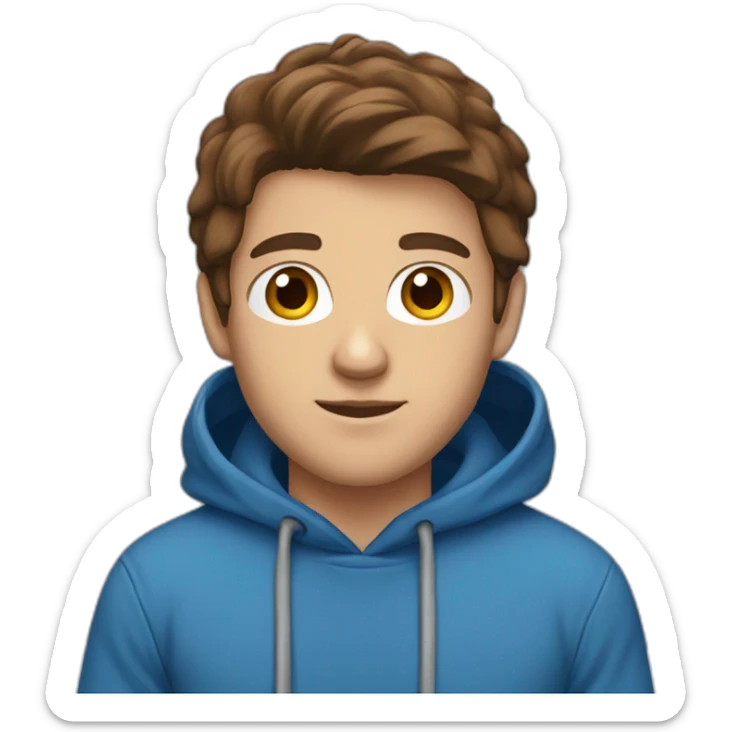 male with brown hair and brown eyes and wears a blue hoodie sticker
