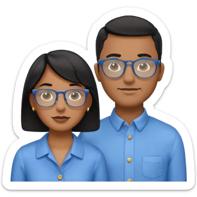 Dois emojis, um homem pardo com cabelos pretos, blusa azul com gola e botões, óculos retangular na cor azul. Mulher parda com cabelo curto preto, óculos redondos e transparentes, está com vestido azul de alças finas e com brincos de argolas douradas na orelha sticker