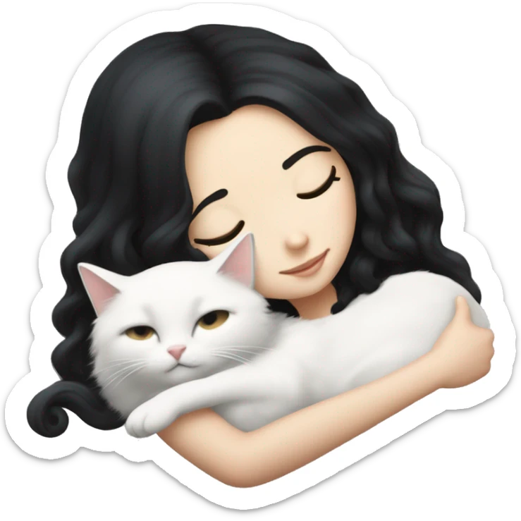 A pretty white girl with very long black hair and sleeping curled up to a white cat  sticker