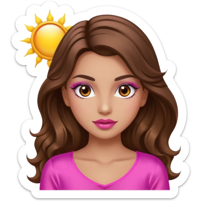 girl with long wavy brown hair, brown eyes, long lashes makeup, sexy pink lips, light to medium complexion, wearing a pink sexy silk top, with the sun icon  sticker