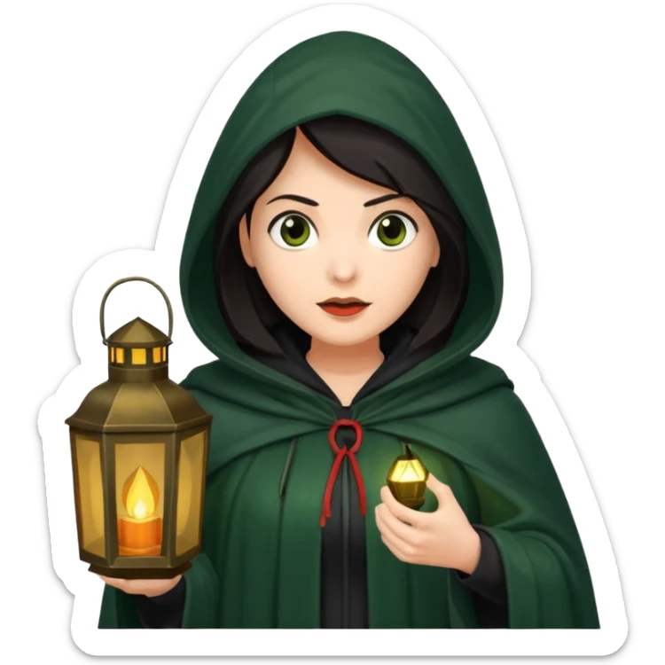 traitor tv show, dark haired woman wearing dark green cloak with hood up who looks very evil and is holding up a lantern sticker