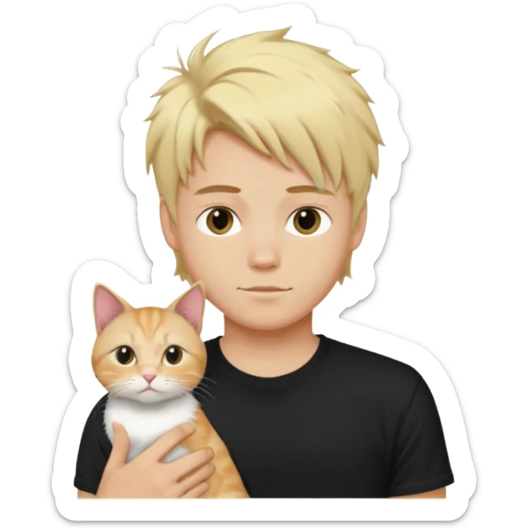 sexy boy with blond kudrnatými hair and black t-shirt with cat  sticker