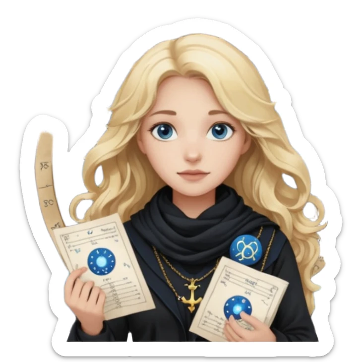 A long wavy haired blonde girl with blue eyes, wearing black, with a scarf on, holding astrology natal chart paper   sticker