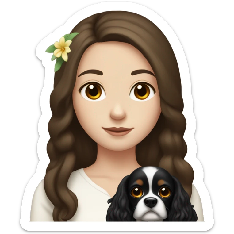 pale skin girl with long dark brown hair that had a flower in her hair  holding a black and brown cavalier dog  sticker