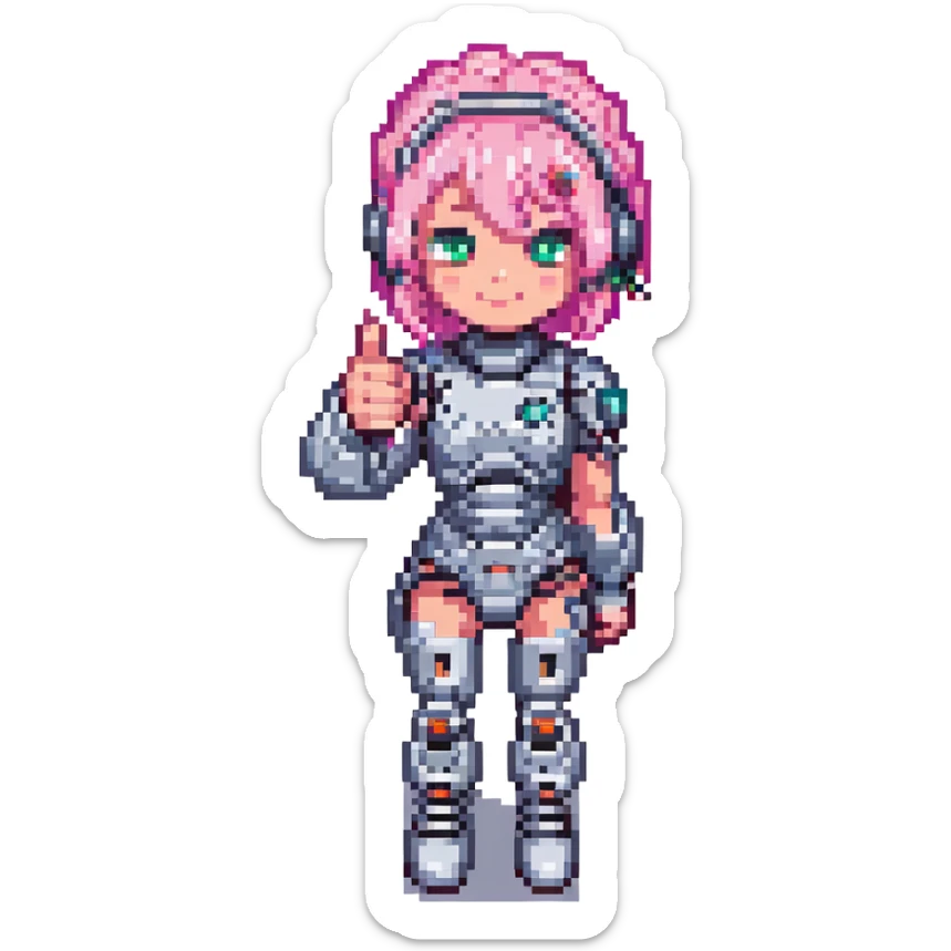 cyborg girl with pink hair giving a thumbs up, pixel art style sticker