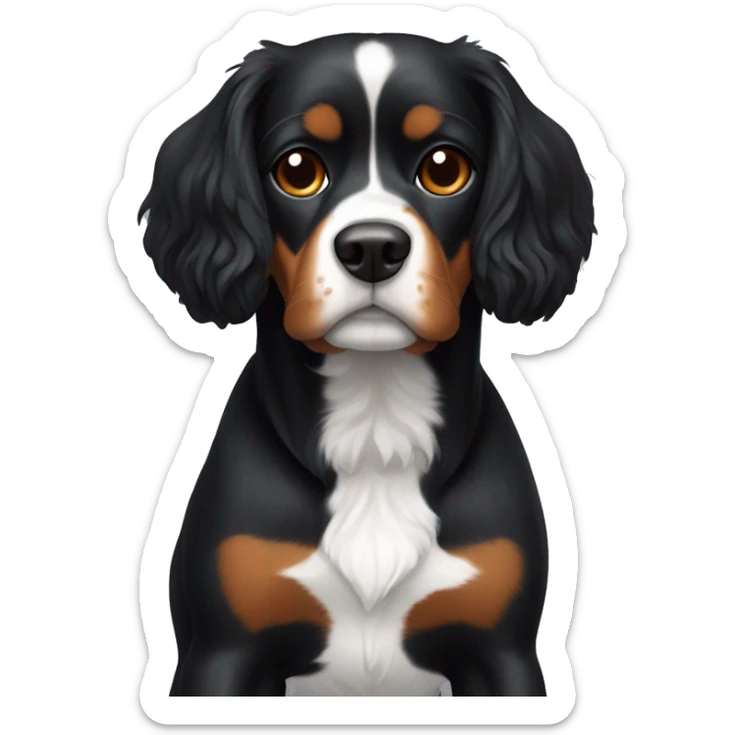 Black dog that looks like a Cavalier king but has a white stripe on chest and a bit of white on chin sticker