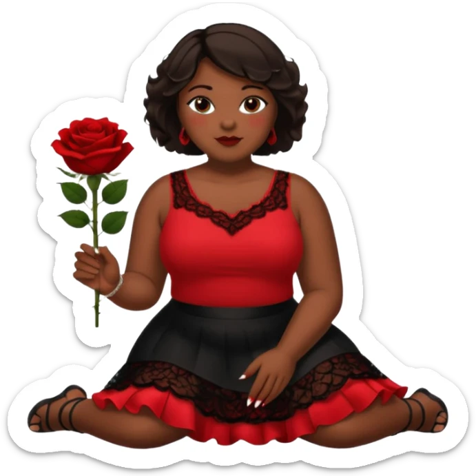 A plus-size black woman with short, straight, dark brown hair is wearing a red sleeveless shirt and a black lace ruffled skirt. She is holding a rose and sitting on the floor with her legs crossed. On the floor is a glass vase with red roses. sticker