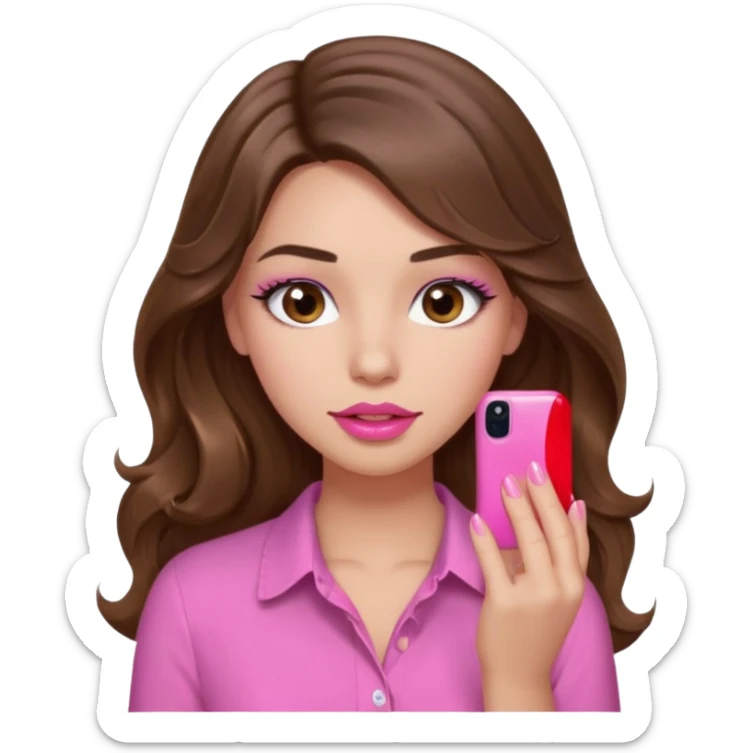 girl with long wavy brown hair, brown eyes, light to medium complexion, in a pink shirt, pink lips, long lashes, puckered lips, showing off a pink manicure sticker