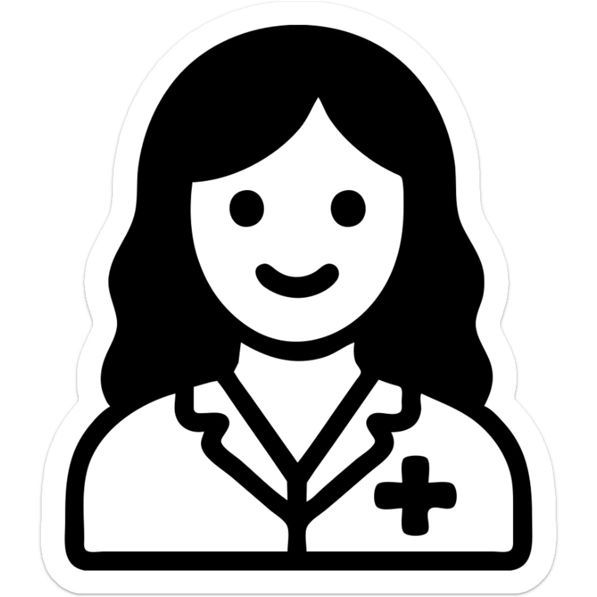 young woman, brown long wavy hair, medical white clothes, friendly, front view, smiling sticker
