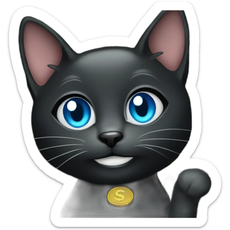 a black cat with blue eyes smiles and holds a lot of dollars sticker