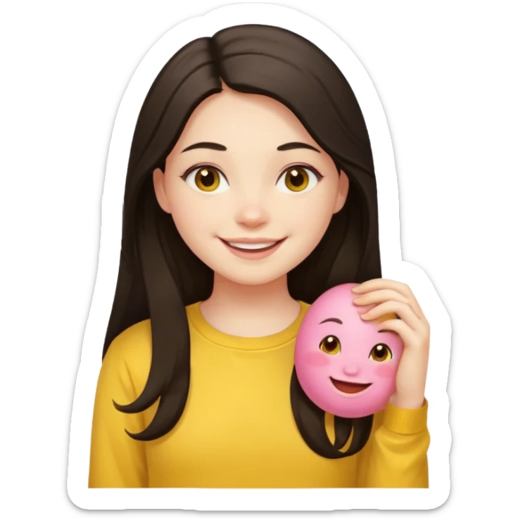 girl on her laptop, long dark hair white skin and yellow shirt long sleeves, smiling sticker