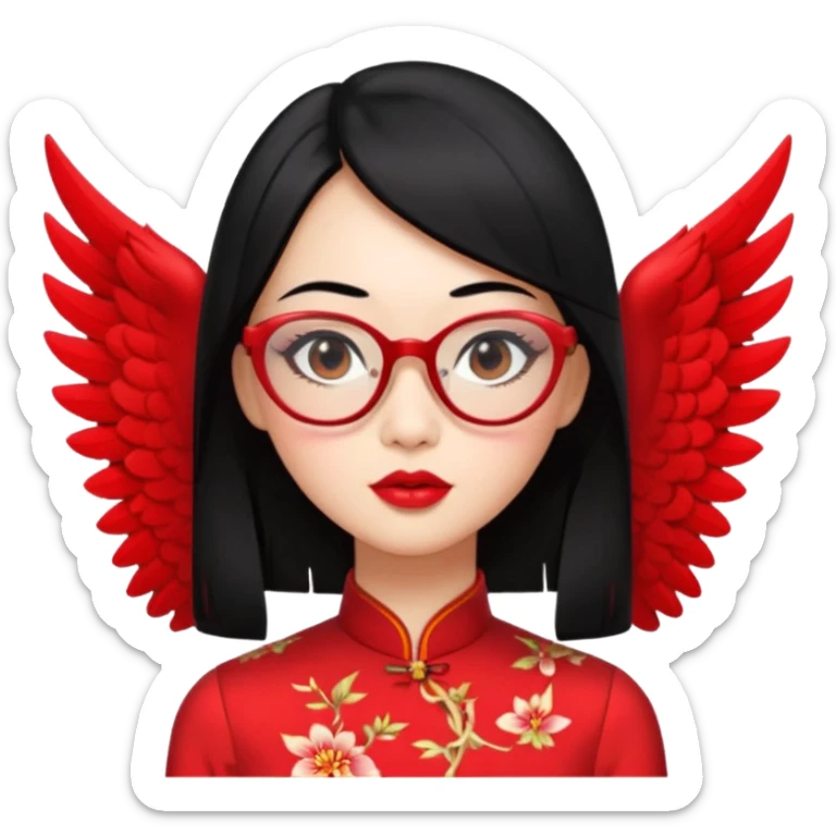an oriental woman, mid-length black hair, red cheongsam, red lipstick, winged eyeliner, fair pinkish skin, small nose, thick lips, transparent glasses, not too slim, not fat sticker
