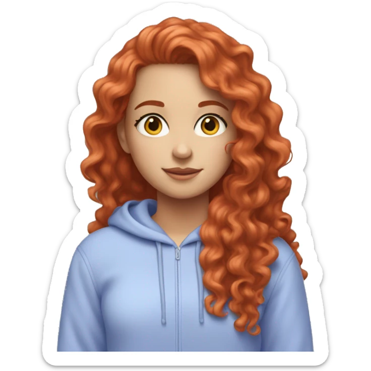 a white girl with long red curly hair, wearing a pastel periwinkle hoodie doing a pose sticker