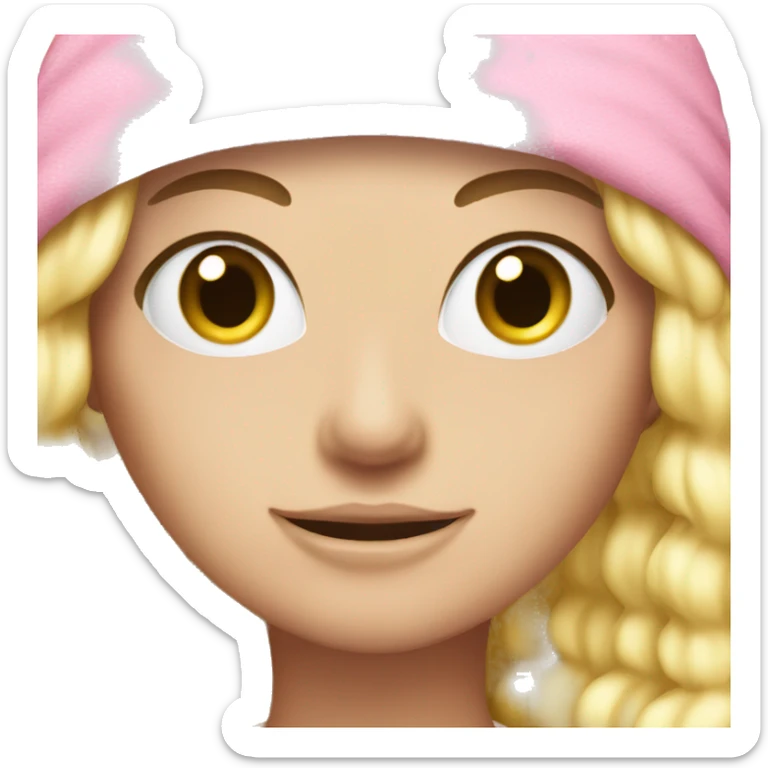 A white Girl with a pink towel on the head because of wet hair and a face beauty bask colored in white  sticker