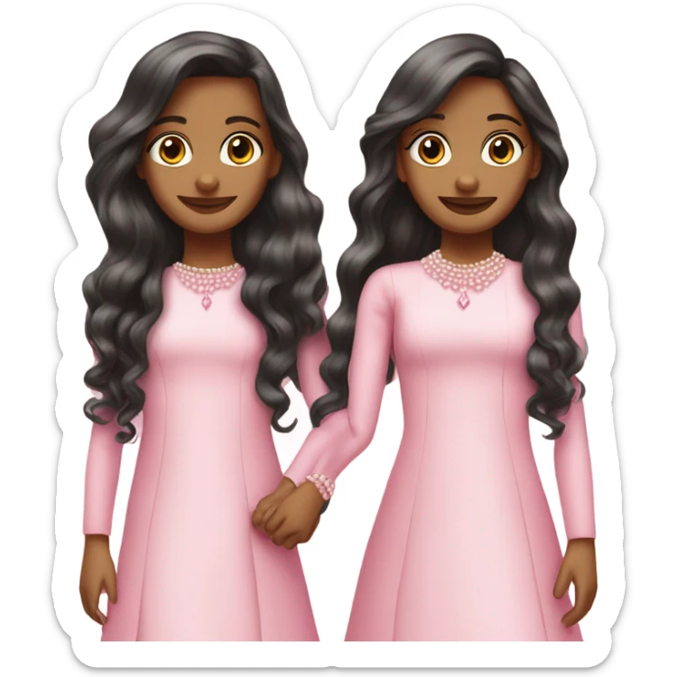 two teenage Latina twins. pink. Long hair. Pink bows. Pearls. Light pink. Diamonds dress. sticker
