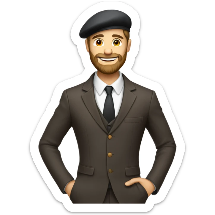 beautiful man, suit, brown beard, white skin, smile, beret hat, full-body (slim) sticker