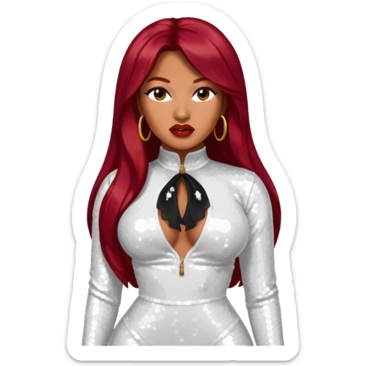 Megan Thee Stallion with long dark red hair, white sequin outfit sticker