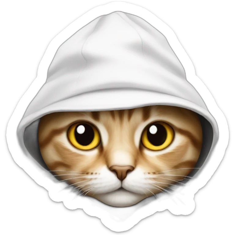 cat wearing a black hat under hood and a white hoodie with the hood up sticker