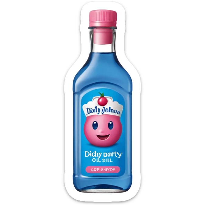 bottle of oil blue top pink outside with logo that says Diddy Party oil Johnson and Johnson  brand with a smiling berry on top sticker