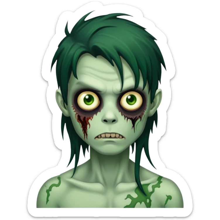 brunette zombie boy with horror green skin and long messy black hair sticker