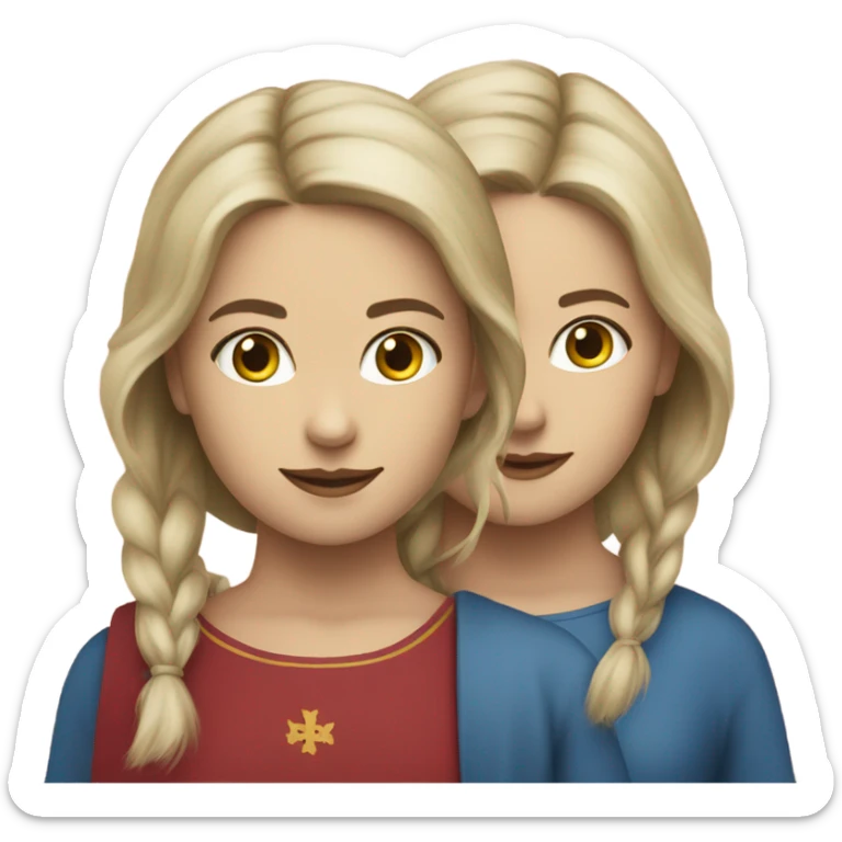 twins in Copenhagen - caucasian race - females - wearing some Denmark symbol sticker