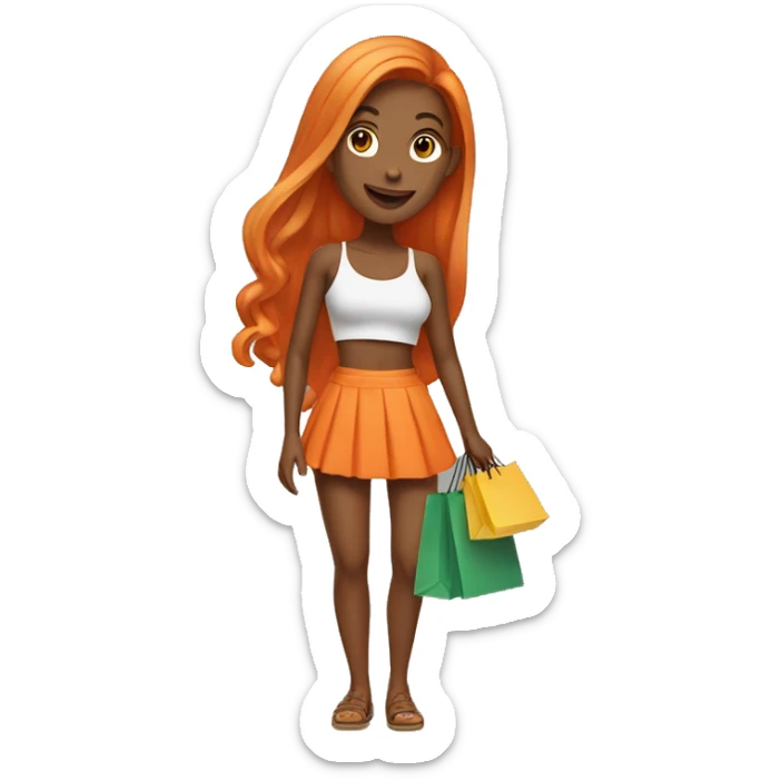 Tan girl with long orange hair wearing a mini skirt and crop top outfit holding shopping bags sticker