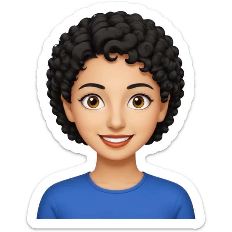 30 year old iranian woman very short curly black hair, big brown eyes, tanned skin, big smile, white teeth, pretty, stylish, shorter hair, boy cut hair, nice clothes sticker