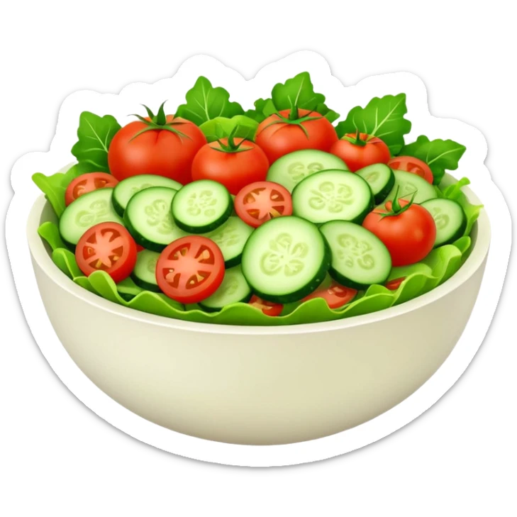 Salads avatar in clean emoji-style illustration. Fresh salad bowl with greens, tomatoes, cucumber, bright green tones, simple shapes, flat design, high contrast, light and healthy. sticker