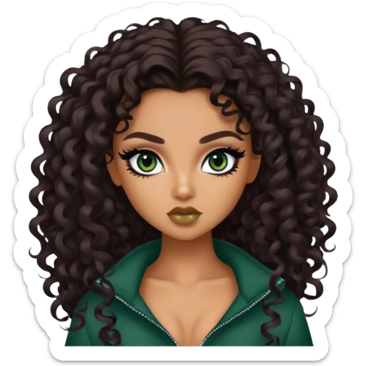 curly long dark brown hair, tan skin,  dark green iris, pretty bratz baddie, black eyeliner sticker