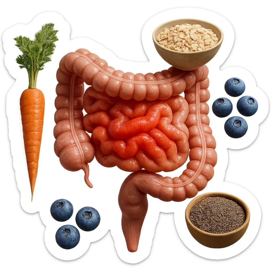 intestino umano anatomico infiammato al centro con carota, bowl di avena, mirtilli, bowl di semi di chia che gli fluttuano intorno , iperrealistico 4k sticker