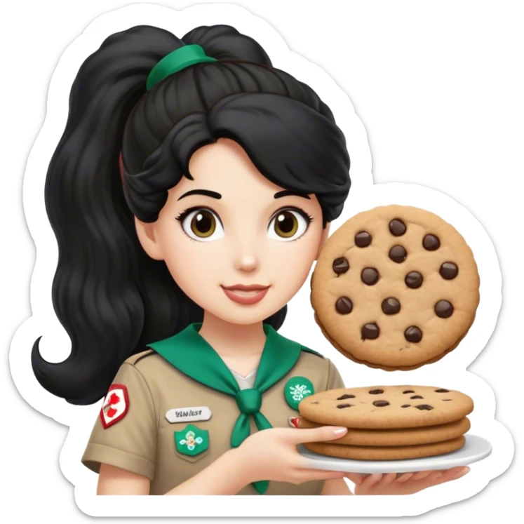 white girl scout selling cookie at Wendy’s big black hair on ponytail and Wendy’s logo sticker