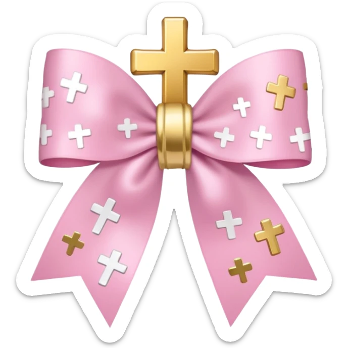 super pale pink bow confetti but the paper confetti are the pale pink bows all spread out with white tiny glitter and then with golden crosses on it and a white band in the mjddle sticker