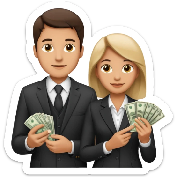 Una pareja (chico y chica de 28 años) vestidos con traje profesional y con dinero sticker