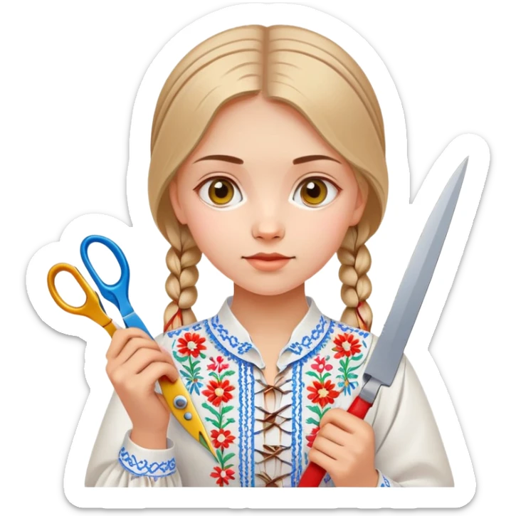 Ukrainian young girl in a white embroidered traditional shirt (vyshyvanka) holding scissors and colored cardboard sticker