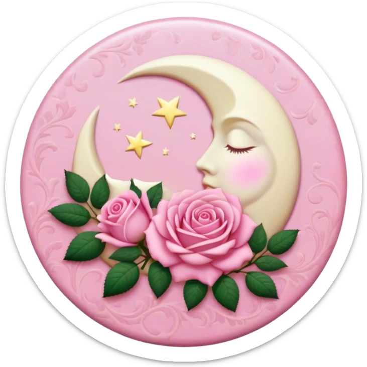 A round pink button with a light cream full damask moon and pink roses in the center sticker