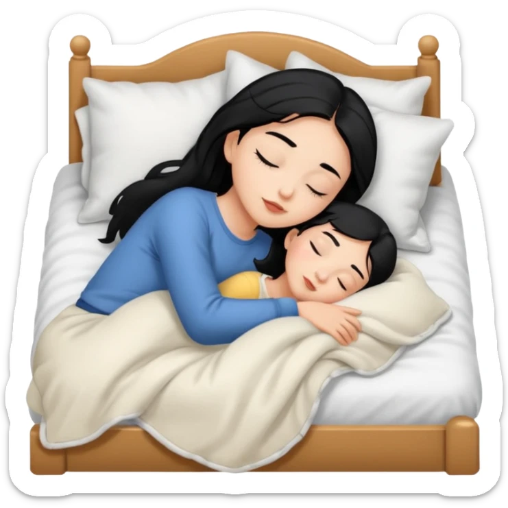 girl with black hair and light skin sleeping on a bed with a blanket onemoji sticker