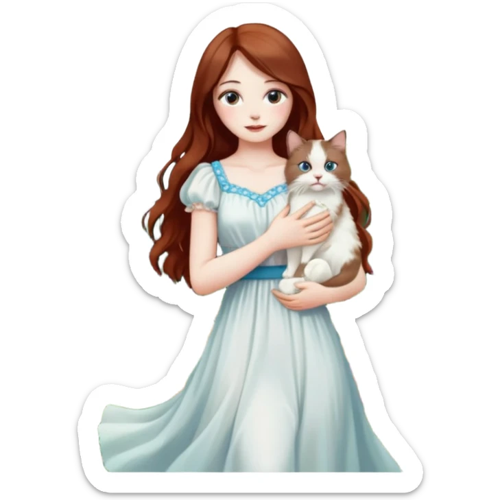 A woman with long dark auburn hair holding a white ragdoll cat in a garden full of flowers sticker