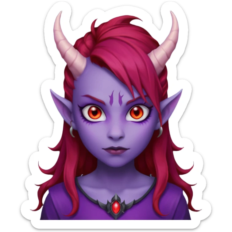 Demon Girl Purple Skin Dragon Horns Black Eyes Red Glowing Pupils Auburn Haired Red Shirt  sticker