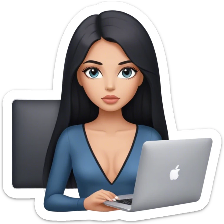 Glamours, tanned, very beautiful girl, with big pump peach-beige-rose lips, long lashes, black straight smooth silky long hair, straight parting hair, blue-grey eyes, in v-neck bodysuit holding MacBook sticker